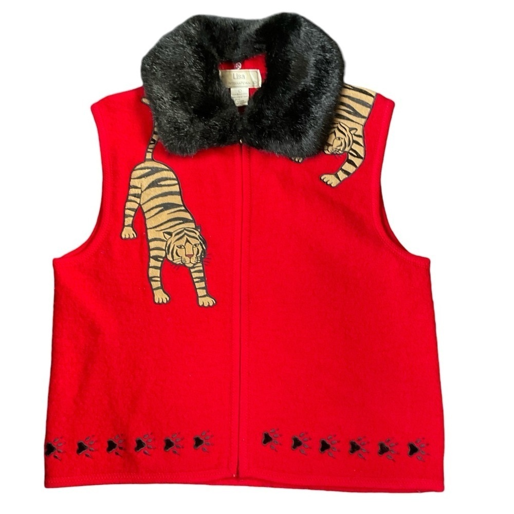 Lisa International Red Tiger Print Vest with Black Faux Fur Collar